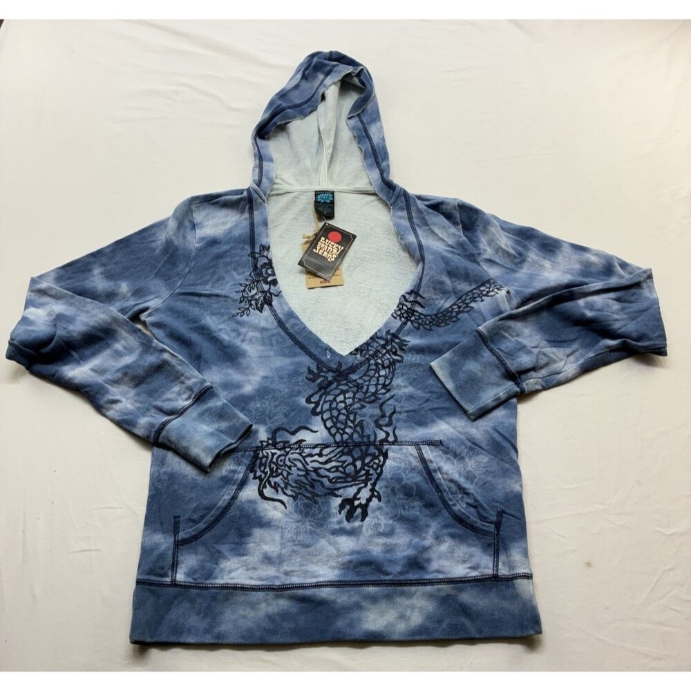 Y2K Lucky Brand Blue Tie-Dye Asian Dragon Rock Hoodie Pullover Size M